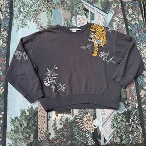 H&M Dark Gray Sweatshirt with Tiger and Floral Embroidery